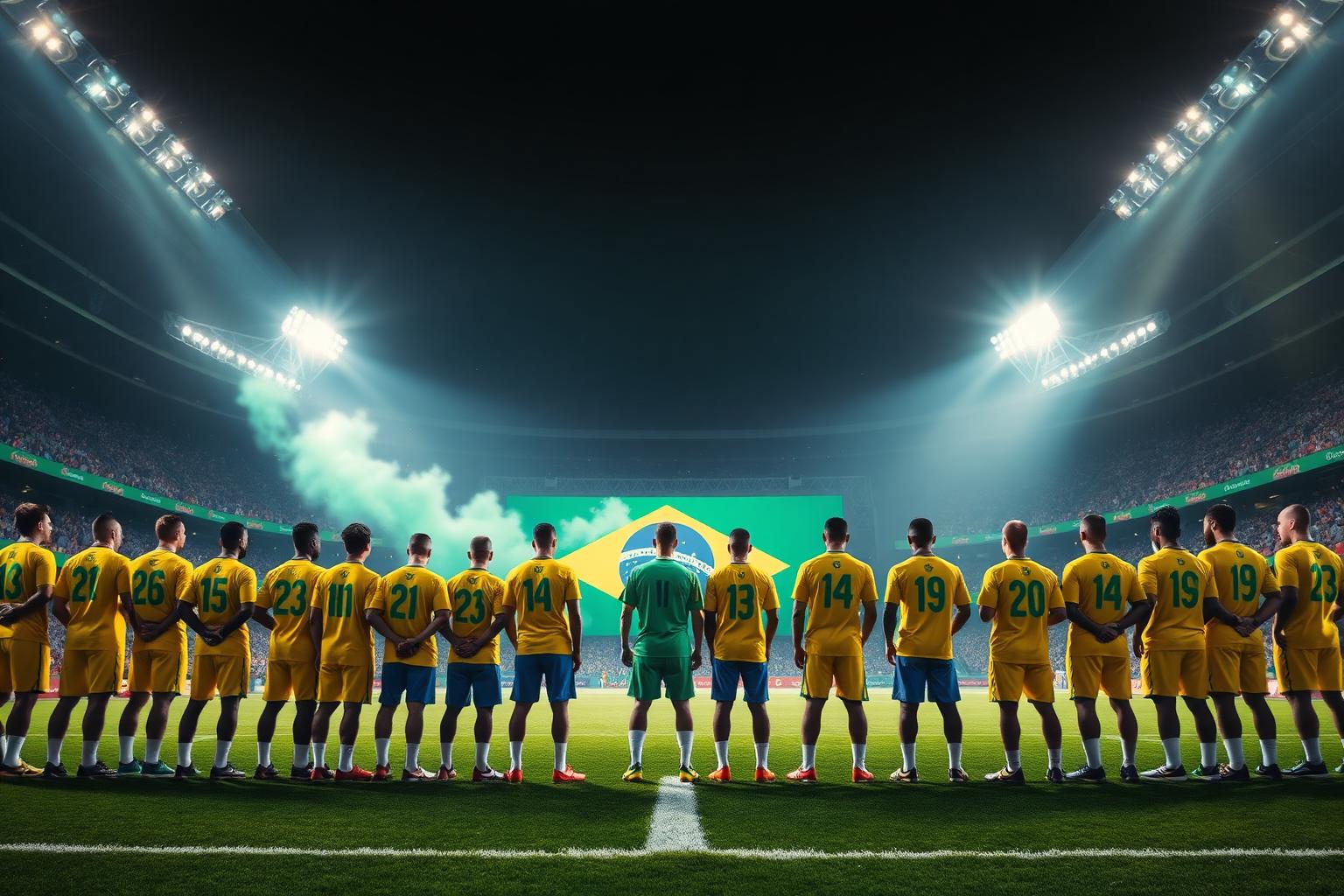 Seleção brasileira genérica em silhueta diante da bandeira do Brasil sob refletores dramáticos